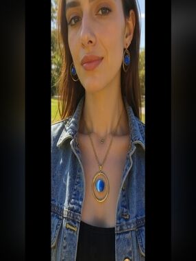 Gold Tone Necklace with Blue Oval Pendant - Women Jewelry